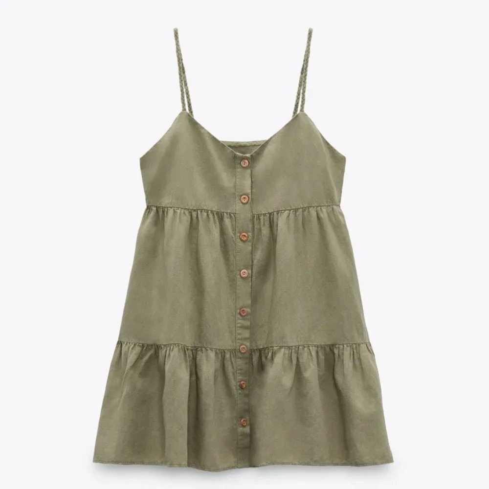 Zara Linen  Blend Woven Strap Mini Tiered Summer Dress Green NWT Size Large